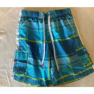 Surfmentality Swim Trunks Mens S Blue Green Plaid Cargo Board‎ Shorts
